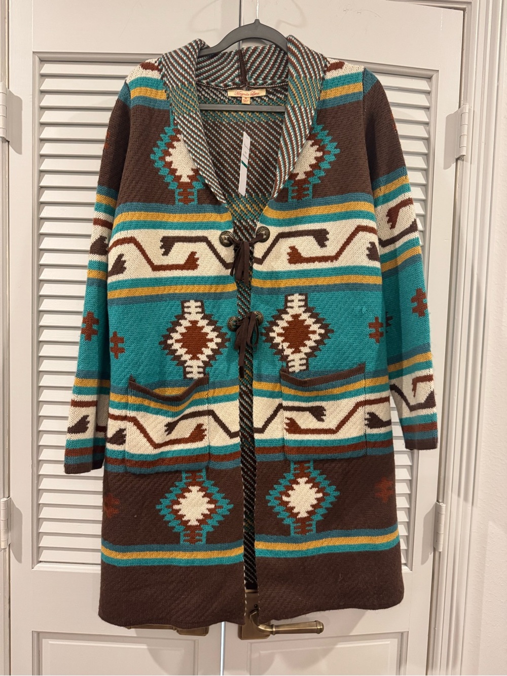 Turquoise & Brown Aztec Shawl-Collar Cardigan Sweater